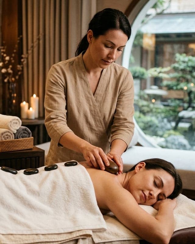A therapist caring for a relaxed client in a candlelit treatment room