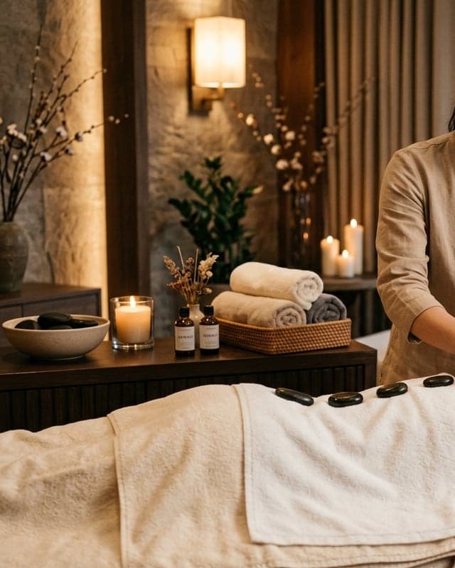 Candles, folded towels and warm stones in a treatment room