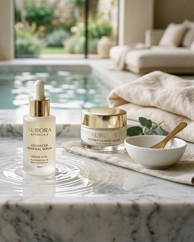Face cream and a treatment bowl with a gold spoon on a marble ledge