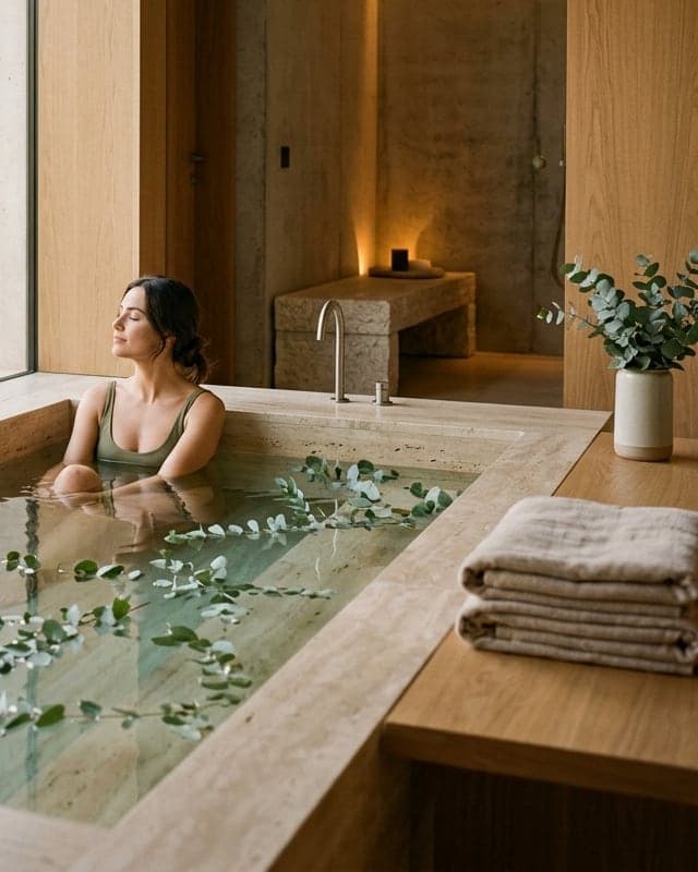 A woman resting with her eyes closed in a eucalyptus bath