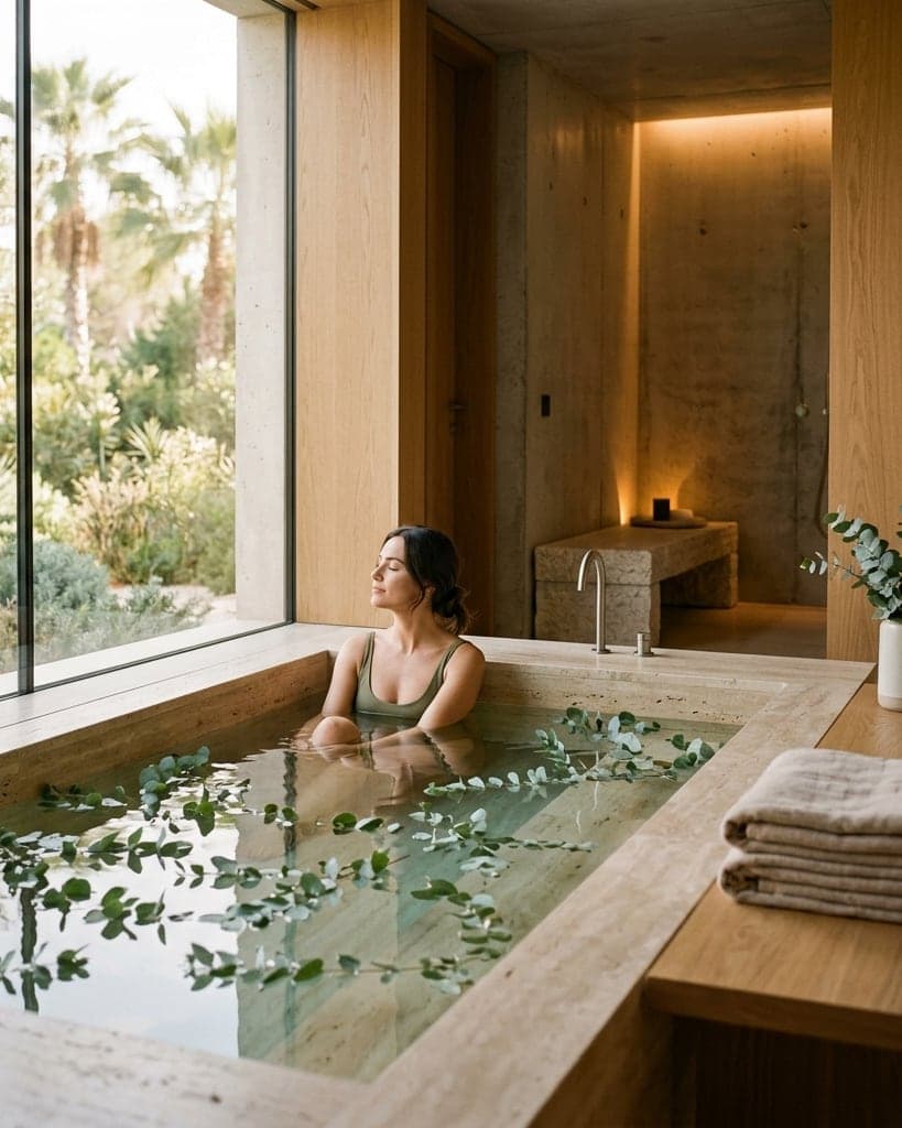 A woman relaxing in a stone bath scattered with eucalyptus