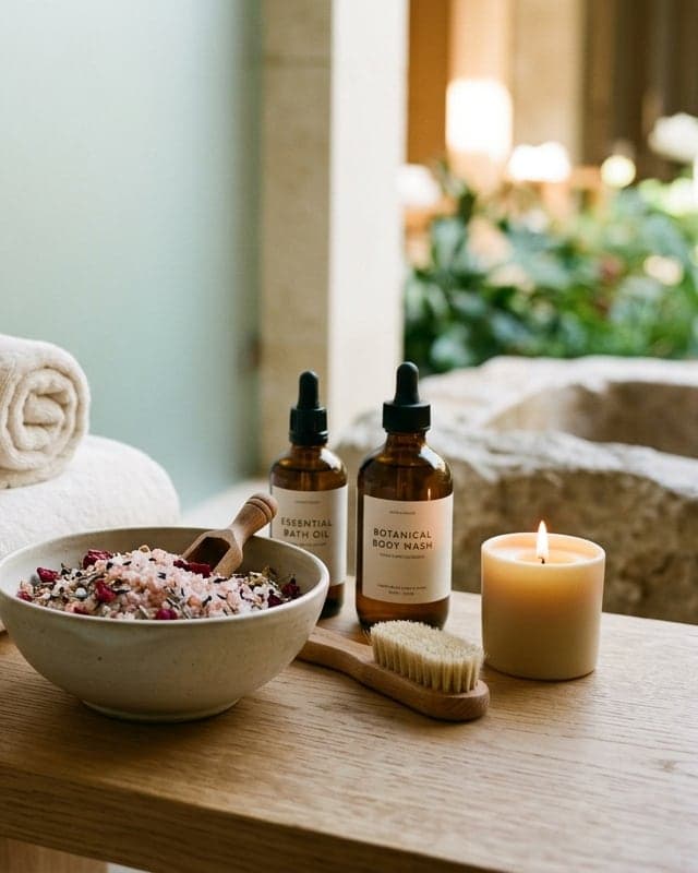 Bath oils, a bowl of salts, a brush and a lit candle