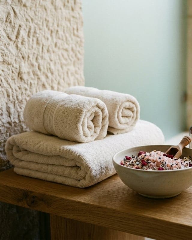 Rolled towels and a bowl of bath salts on a wooden bench